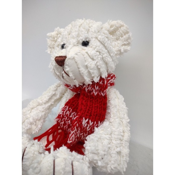 White Chenille Bear Plush Stuffed Animal Christmas Holiday Scarf Fine Toy Co 10" - Picture 2 of 10